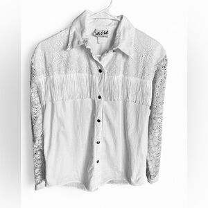 Vintage SASSA USA White Fringe Lace Western Shirt Medium Boho 90s Cotton Y2K